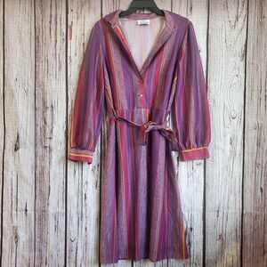 1970s Belted Dress Striped Purple A4 Polyester Womens Vintage Long Maxi